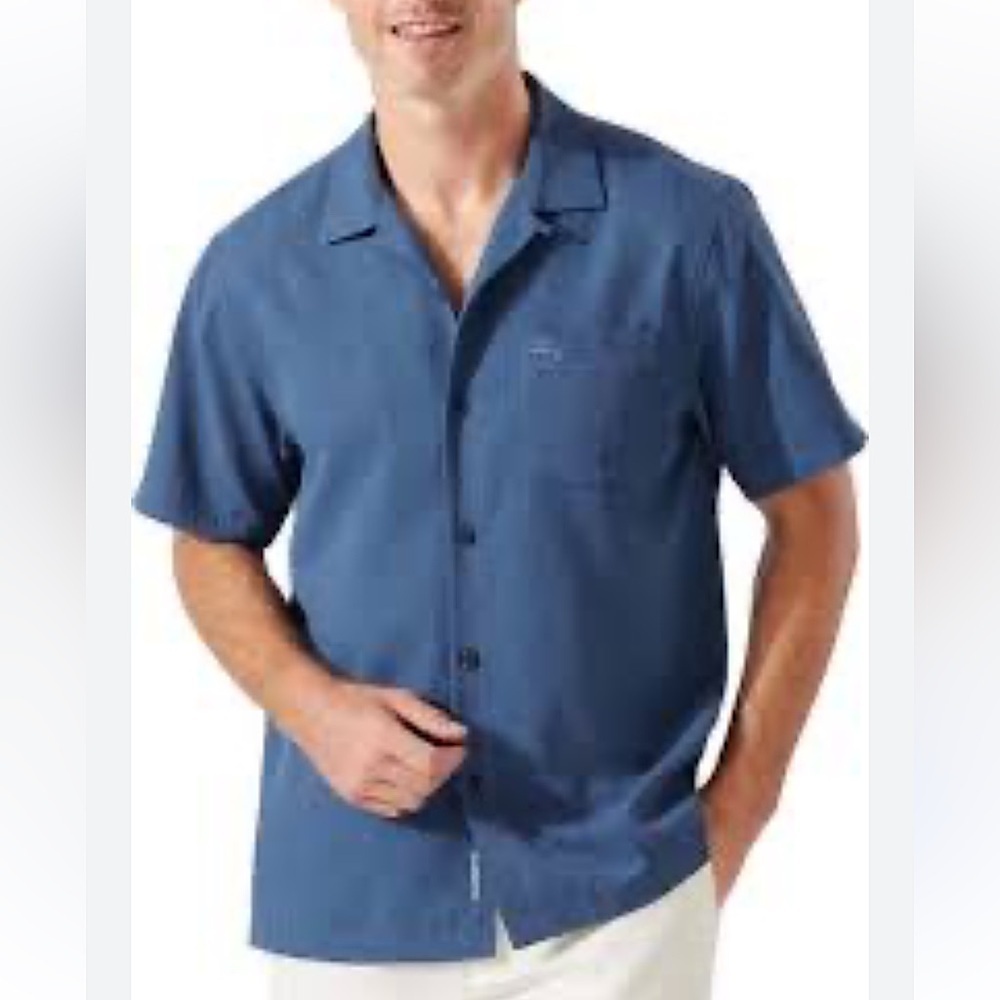 TRUST Men's Linen Coastal Breeze Camp Shirt in Navy size L